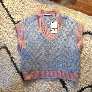 NWT Zara pink and blue checkered V neck sweater vest